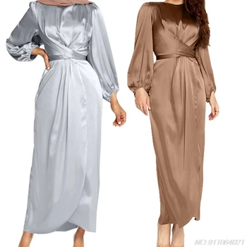 Kvinder Arabiske Muslimske Satin Puff Lange Ærmer Maxi Kjole Solid Wrap Foran Self-Tie Abaya Dubai Tyrkiet Hijab Robe