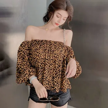 Kvinder Bluser Koreanske Leopard Print Camisa Top Slash Hals Løs Sexet Boble Lange-Langærmet Chiffon Skjorte.