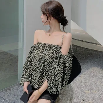Kvinder Bluser Koreanske Leopard Print Camisa Top Slash Hals Løs Sexet Boble Lange-Langærmet Chiffon Skjorte.