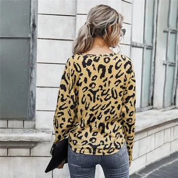 Kvinder Casual 2021 Nye Efterår Og Vinter Fashion Leopard Print T-Shirt Top Med V Hals Fuld Ærmet T-Shirt