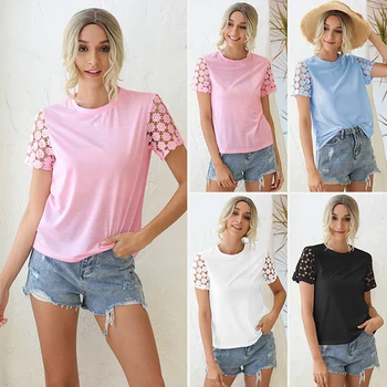 Kvinder Casual kortærmet Lace T-Shirts Slanke Bluse Toppe