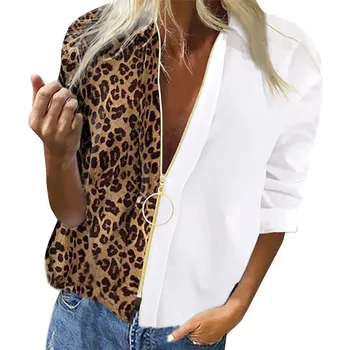 Kvinder Casual Leopard Print Toppe med Lange Ærmer Knap Nede Skjorte Bluse med Lynlås Dyb V-Hals Skjorte Patchwork Sexet Mujer Saco