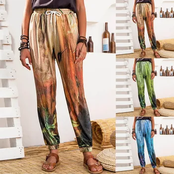 Kvinder Casual Streetwear Bånd Bukser Med Elastisk talje Print Bukser Bred Ben Bukser Elastisk Mode Bukser 2021 R5