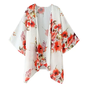 Kvinder Casual Vintage Kimono Cardigan Damer 2020 Sommeren Chiffon Kimono preto Løs flora printet Bluse Toppe Hvid 3/4 Ærmer