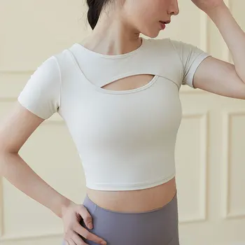 Kvinder Crew Neck Crop Tops Polstret Mave Skåret Ud kortærmet Sport Shirt til Yoga, Fitness Running Tank Tops