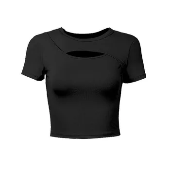 Kvinder Crew Neck Crop Tops Polstret Mave Skåret Ud kortærmet Sport Shirt til Yoga, Fitness Running Tank Tops