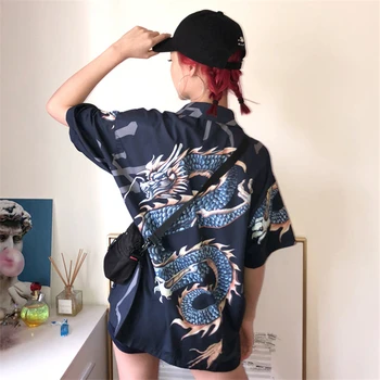 Kvinder Dragon Button Down Shirt Korte Ærmer Skole Pige Harajuku Vintage Toppe /