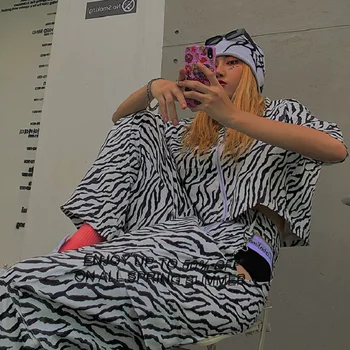 Kvinder E Pige Zebra Print Pants Harajuku Sommeren 2021 Kvinder Mode Bred Ben Bukser Hippie Streetwear Hule Løse Bukser