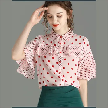 Kvinder Elegant Bluse med Retro-Shirts Bølge Punkt Print Flæser Toppe, Korte Ærmer Chiffon Top Sommer Mode Kvinder Tøj Shirt