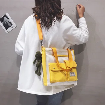 Kvinder er Dobbelt Lomme Canvas Taske Mode Trend Enkelt skuldertaske med Låg Lynlås Messenger Taske Studerende Undervisning Taske