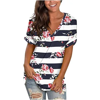 Kvinder er Sommer T-Shirts kortærmet Tunika Strappy Print med V-Hals Skulder Toppe
