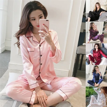 Kvinder Faux Silke Pyjamas Sæt Satin Pyjamas Nattøj Lange/Korte Ærmer Størrelse Mode Pyjamas Til Pige Nattøj Nye 2021 PJS