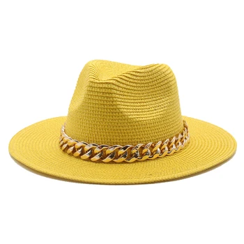 Kvinder hatte solhatte halm panama stor randen guld kæde band bælte kvinder sommer hatte foråret sort khaki stranden afslappet sommer mænd hatte