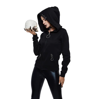 Kvinder Hættetrøjer Casual Sort Goth Punk Hot Toppe Plus Size Lige Hætte Lynlås Foråret 2021 Gotiske High Street Kvindelige Sweatshirt