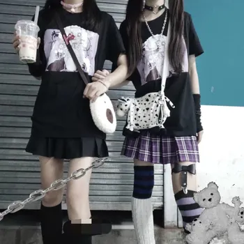 Kvinder kortærmet Løs bf Sød T-shirt Harajuku stil Bomuld Mørke Hårdt girl Sort Japansk Punk pullover Toppe Preppy Stil