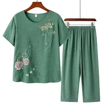 Kvinder kortærmet T-shirt, Top, Bukser Blomstret Print Løs Loungewear Hjem Outfit To delt Sæt Homewear