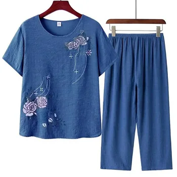 Kvinder kortærmet T-shirt, Top, Bukser Blomstret Print Løs Loungewear Hjem Outfit To delt Sæt Homewear