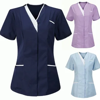 Kvinder kortærmet V-neck Tops for at Arbejde Ensartet Blomster Print Lomme Bluse Overalls Sygeplejerske Tilbehør