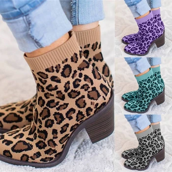 Kvinder Leopard Ankle Boot Strikning Kvinde Sok Støvler Mode Efteråret Kvindelige Blok Chunky Hæle Komfortable Damer Kort Botas