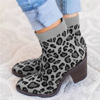 Kvinder Leopard Ankle Boot Strikning Kvinde Sok Støvler Mode Efteråret Kvindelige Blok Chunky Hæle Komfortable Damer Kort Botas