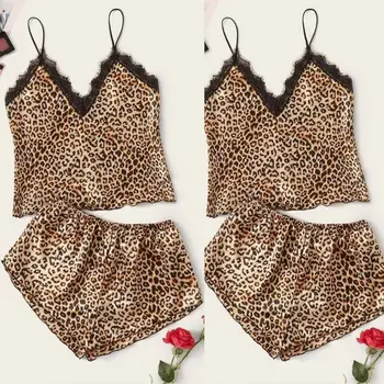 Kvinder Leopard Print 2 Delt Undertøj, Pyjamas Sæt Eyelash Flroal Blondekant Camis Top Elastisk Talje Shorts Sexet Nattøj