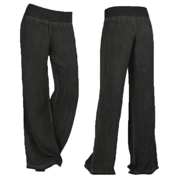 Kvinder Mid Talje Plisserede Bukser, Casual Løs Solid Lang Denim Bukser med Elastik i Taljen Mode Bred Ben Bukser Plus Størrelse S-5XL
