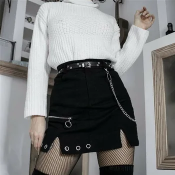 Kvinder Mini Denim Nederdele Y2K Chian Teen Piger Opdelt Sort Høj Talje for En Linje Gotisk Punk High Street School Sommer Tøj