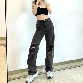 Kvinder Mode Harajuku Høj Talje slidte Jeans Damer Kvindelige Stilfulde og Solide Farve Lige Denim Bukser til Shopping Daglige Slid