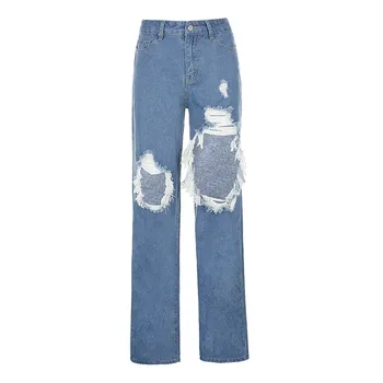 Kvinder Mode-Jeans Asymmetrisk Solid Farve Rippet Straight-ben Fashion Street slidte Jeans Bred Ben Bukser Pantalones Mujer R2