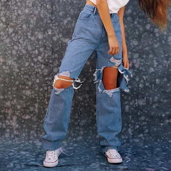 Kvinder Mode-Jeans Asymmetrisk Solid Farve Rippet Straight-ben Fashion Street slidte Jeans Bred Ben Bukser Pantalones Mujer R2