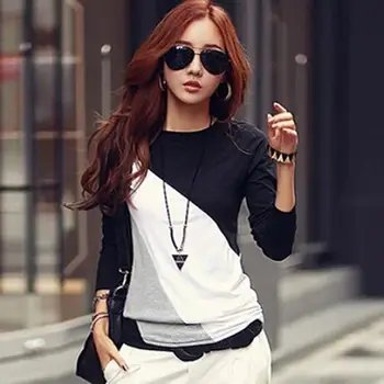 Kvinder Mode koreansk Stil Shirts Efteråret Slim Fit Farve Blok Bluse med Lange Ærmer Rund Hals Casual Bomuld T-shirt Comfort Toppe