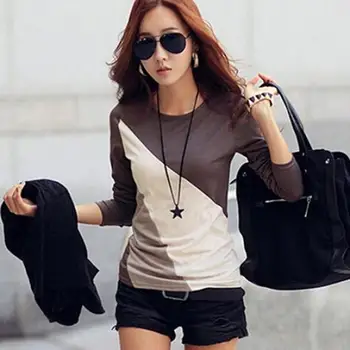 Kvinder Mode koreansk Stil Shirts Efteråret Slim Fit Farve Blok Bluse med Lange Ærmer Rund Hals Casual Bomuld T-shirt Comfort Toppe