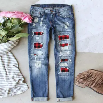 Kvinder Mode Revet Hul Plaid Patch Patchwork Lange Jeans Denim Bukser Bukser