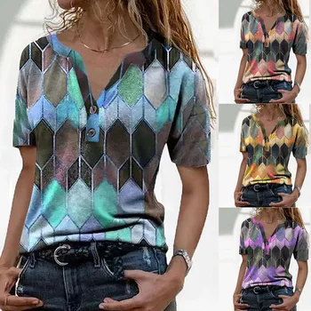 Kvinder Mode Rhombus Udskrive Kort Ærme T-Shirt 2021 Sommeren Elegante Knapper V-Hals Dame Top Streetwear Plus Size Shirt