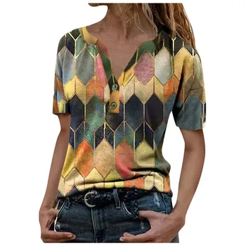 Kvinder Mode Rhombus Udskrive Kort Ærme T-Shirt 2021 Sommeren Elegante Knapper V-Hals Dame Top Streetwear Plus Size Shirt