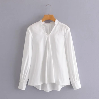 Kvinder Mode V Hals Solid Farve Casual Hvid Kittel Shirt Kontor Dame Tilbage Læg Bluse Roupas Smarte Toppe Femininas