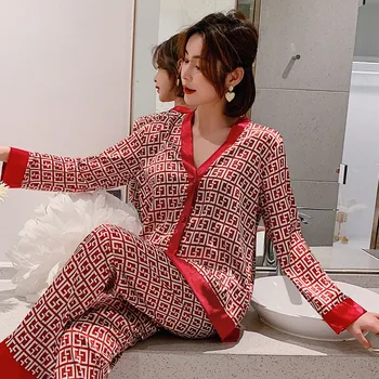 Kvinder Nye Pyjamas Sæt Satin Print 2STK Nattøj Foråret Efteråret Shirt&Bukser Casual Sleep Set langærmet Pyjamas, der Passer Homewear