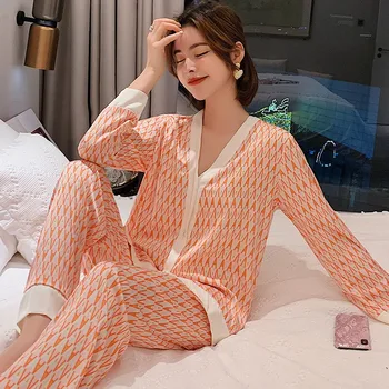 Kvinder Nye Pyjamas Sæt Satin Print 2STK Nattøj Foråret Efteråret Shirt&Bukser Casual Sleep Set langærmet Pyjamas, der Passer Homewear