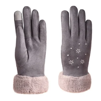 Kvinder Opvarmning Hånd Ruskind Snefnug Handsker Rører Skærmen Fortykket Fleece Foret Varme Handsker SDFA88
