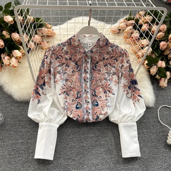 Kvinder Palace Print Retro Langærmet Slim Fit Nye Mode Shirt, Toppe Camisas Mujer Tøj Koreanske Ropa De Mujer Bluse S807