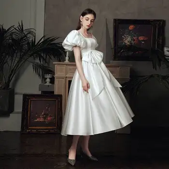 Kvinder Prinsesse Hepburn Stil Vintage Satin Hvid Høj Talje Bryllup Part Kjole Til Aften