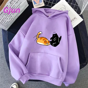 Kvinder ' s Sweatshirt Søde Katte Print-O-Hals 2021 Efterår og Vinter Kvinder Casual Kawaii Gult Tøj Kvinde Hættetrøjer Løs Pullovere