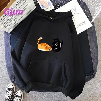 Kvinder ' s Sweatshirt Søde Katte Print-O-Hals 2021 Efterår og Vinter Kvinder Casual Kawaii Gult Tøj Kvinde Hættetrøjer Løs Pullovere