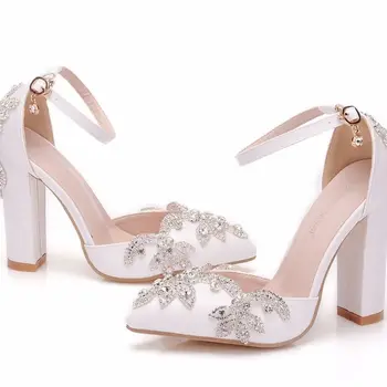 Kvinder sandaler bryllupsfest banket Blonder PU Rhinestones Spænde Remmen 10,5 CM Tyk Høje Hæle Spids Tå sandal kvinder sko