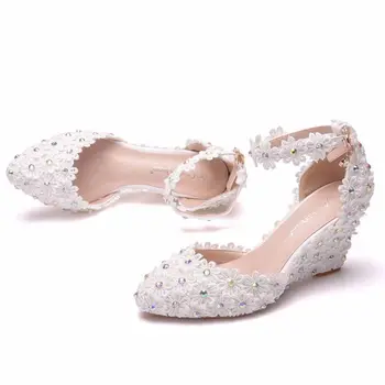 Kvinder sandaler bryllupsfest Blonder PU Rhinestones Spænde Remmen 7,5 CM Kiler Høje hæle Spids Tå sandal kvinder sko-størrelse 35-42