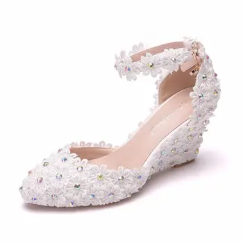 Kvinder sandaler bryllupsfest Blonder PU Rhinestones Spænde Remmen 7,5 CM Kiler Høje hæle Spids Tå sandal kvinder sko-størrelse 35-42