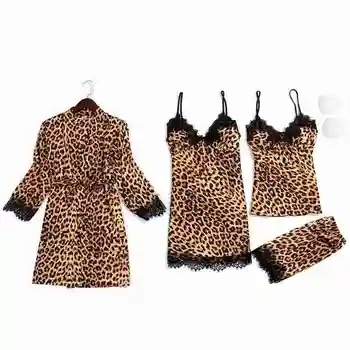 Kvinder Satin Pyjamas Sæt Leopard Print Nattøj 4 Stykker Ruched Robe Lace Shorts, der Passer Nattøj L4U2