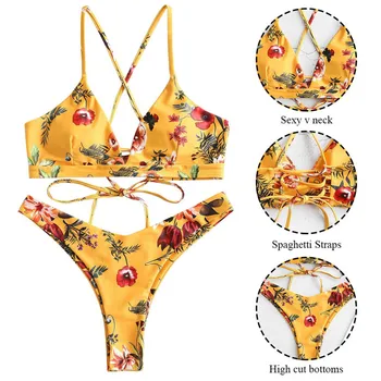 Kvinder Sexy Bikini Badedragt 2020 snøre Blomster Print Bandage Swimsuit badetøj brudt krog talje tun Brasiliansk bikini