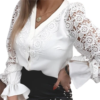 Kvinder Sexy Lace Patchwork Hule Skjorte Med Lange Ærmer Besætning Hals-Knappen Mesh Design Bluse Forår Mode Hvide Vintage Skjorter