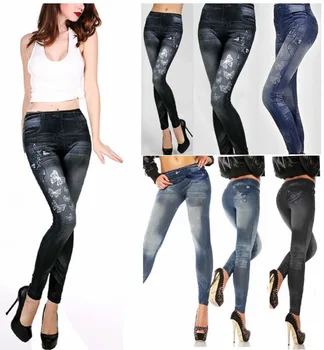 Kvinder Sexy Tynde Leggings Efterligning Jeans Lange Bukser Lady Elastiske Bløde Leggings Slank Print Blyant Legging Casual Bunde